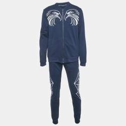 Roberto Cavalli Navy Blue Printed Cotton Knit Zip Front Jacket & Joggers Set L