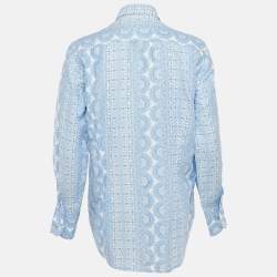 Pre Owned Roberto Cavalli Blue Printed Linen Blend Full sleeve Shirt L 