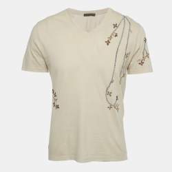 Pre Owned Roberto Cavalli Beige Floral Embroidered Jersey V-Neck T-Shirt S