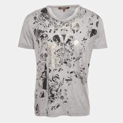 Pre Owned Roberto Cavalli Grey Printed Jersey T-Shirt M