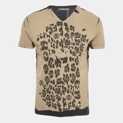 Pre Owned Roberto Cavalli Brown Printed Jersey V-Neck T-Shirt M