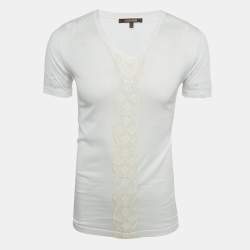 Pre Owned Roberto Cavalli White Embroidered Jersey V-Neck T-Shirt S