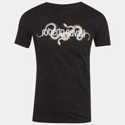 Pre Owned تي شيرت روبيرتو كافالي أسود بطبعة ثعبان شعار طاقية مقاس صغير