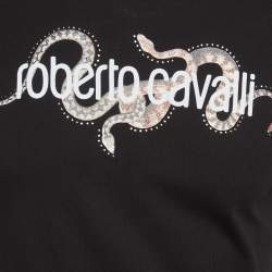 Pre Owned تي شيرت روبيرتو كافالي أسود بطبعة ثعبان شعار طاقية مقاس صغير