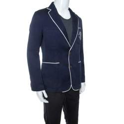 Pre Owned Roberto Cavalli Navy Blue Patterned Contrast Trim Blazer L