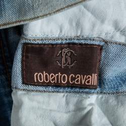 Pre Owned Roberto Cavalli Blue Light Wash Denim Distressed Pattern Jeans S