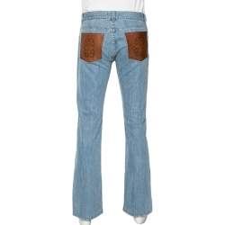 Pre Owned Roberto Cavalli Blue Denim Leather Pocket Patch Straight Fit Jeans M