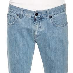 Pre Owned Roberto Cavalli Blue Denim Leather Pocket Patch Straight Fit Jeans M