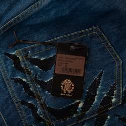 Pre Owned Roberto Cavalli Ink Blue Denim Slash Print Straight Fit Jeans L