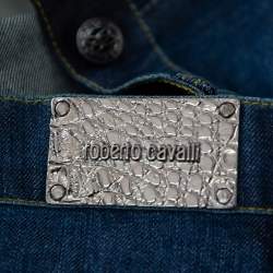 Pre Owned Roberto Cavalli Ink Blue Denim Slash Print Straight Fit Jeans L