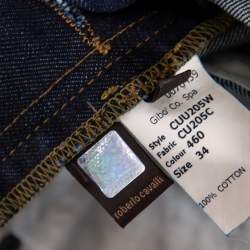 Pre Owned Roberto Cavalli Ink Blue Denim Slash Print Straight Fit Jeans L