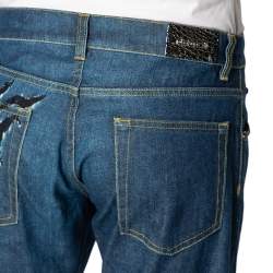 Pre Owned Roberto Cavalli Ink Blue Denim Slash Print Straight Fit Jeans L