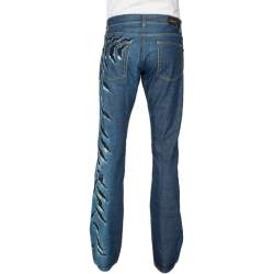 Pre Owned Roberto Cavalli Ink Blue Denim Slash Print Straight Fit Jeans L