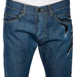 Pre Owned Roberto Cavalli Ink Blue Denim Slash Print Straight Fit Jeans L