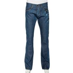 Pre Owned Roberto Cavalli Ink Blue Denim Slash Print Straight Fit Jeans L