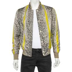 Pre Owned Roberto Cavalli Beige Snake Print Synthetic Rib Knit Trimmed Bomber Jacket S