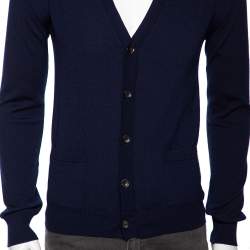 Pre Owned Roberto Cavalli Navy Blue Knit Pocketed Button Front Cardigan M