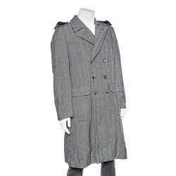 Roberto Cavalli Grey Wool Herringbone Double Breasted Coat XL