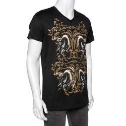 Pre Owned Roberto Cavalli Black Printed Cotton Short Sleeve Oversized T-Shirt M