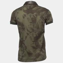 Pre Owned Roberto Cavalli Military Green Lion Print Cotton Leather Trimmed Polo T-Shirt S