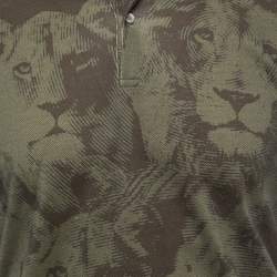 Pre Owned Roberto Cavalli Military Green Lion Print Cotton Leather Trimmed Polo T-Shirt S