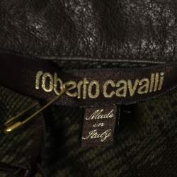 Pre Owned Roberto Cavalli Military Green Lion Print Cotton Leather Trimmed Polo T-Shirt S