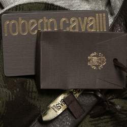 Pre Owned Roberto Cavalli Military Green Lion Print Cotton Leather Trimmed Polo T-Shirt S