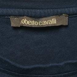 Pre Owned Roberto Cavalli Navy Blue Logo Print Cotton Half Sleeve T-Shirt XL