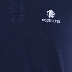 Pre Owned Roberto Cavalli Navy Blue Logo Embroidered Cotton Polo T-Shirt L
