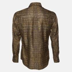 Roberto Cavalli Olive Brown Leather Print Cotton & Silk Long Sleeve Shirt L