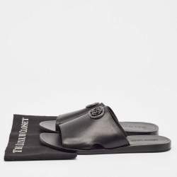 Pre Owned Roberto Cavalli Black Leather Logo Flat Slide Sandals Size 43