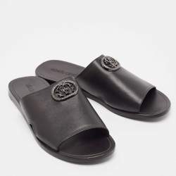 Pre Owned Roberto Cavalli Black Leather Logo Flat Slide Sandals Size 43