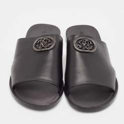 Pre Owned Roberto Cavalli Black Leather Logo Flat Slide Sandals Size 43