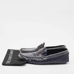 Roberto Cavalli Navy Blue Croc Embossed Leather Slip on Loafers Size 44
