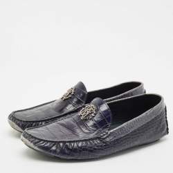 Roberto Cavalli Navy Blue Croc Embossed Leather Slip on Loafers Size 44