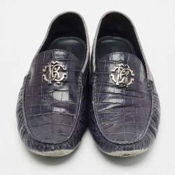 Roberto Cavalli Navy Blue Croc Embossed Leather Slip on Loafers Size 44