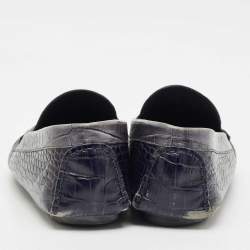 Roberto Cavalli Navy Blue Croc Embossed Leather Slip on Loafers Size 44