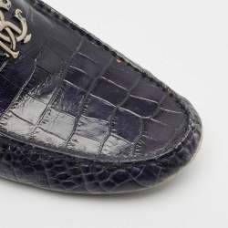 Roberto Cavalli Navy Blue Croc Embossed Leather Slip on Loafers Size 44
