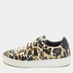 Roberto Cavalli Black/Brown Leopard Print Leather Lace Up Sneakers Size 43