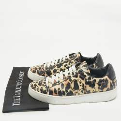 Roberto Cavalli Black/Brown Leopard Print Leather Lace Up Sneakers Size 43