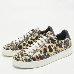 Roberto Cavalli Black/Brown Leopard Print Leather Lace Up Sneakers Size 43