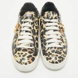 Roberto Cavalli Black/Brown Leopard Print Leather Lace Up Sneakers Size 43