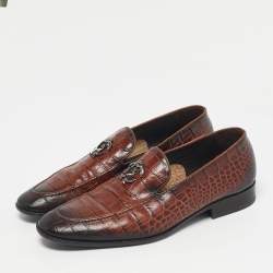Pre Owned Roberto Cavalli Brown Croc Embossed Leather Slip On Loafers Size 43