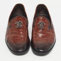 Pre Owned Roberto Cavalli Brown Croc Embossed Leather Slip On Loafers Size 43
