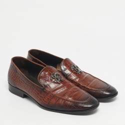 Pre Owned Roberto Cavalli Brown Croc Embossed Leather Slip On Loafers Size 43