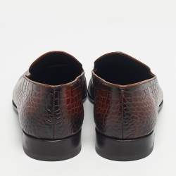 Pre Owned Roberto Cavalli Brown Croc Embossed Leather Slip On Loafers Size 43