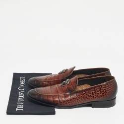 Pre Owned Roberto Cavalli Brown Croc Embossed Leather Slip On Loafers Size 43