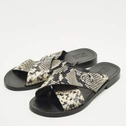 Pre Owned Roberto Cavalli Size 42 Two Tone Python Embossed Leather Criss-Cross Flat Slide