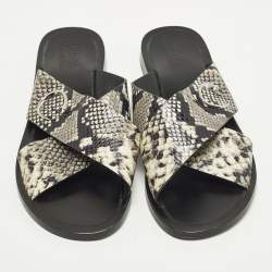 Pre Owned Roberto Cavalli Size 42 Two Tone Python Embossed Leather Criss-Cross Flat Slide