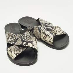 Pre Owned Roberto Cavalli Size 42 Two Tone Python Embossed Leather Criss-Cross Flat Slide